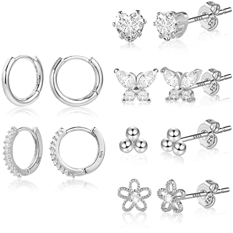 Silber Ohrringe Ohrstecker Silber 925, 2 Paar Creolen Ohrringe mit 4 paar Diamanten Ohrstecker klein, Hypoallergen CZ Knorpel Ohrringe Ohrstecker Set für Damen Männer