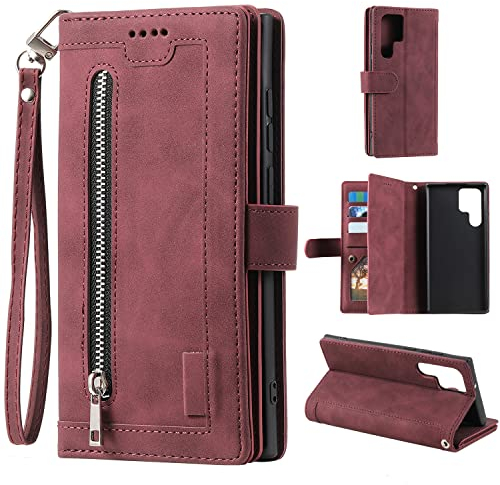 EYZUTAK Handyhülle für Samsung Galaxy S23 Ultra,Flip Case Lederhülle Reißverschluss Magnetverschluss Brieftasche mit 9 Kartenfächern Standfuntion Retro Matt Ledertasche-Tiefrot