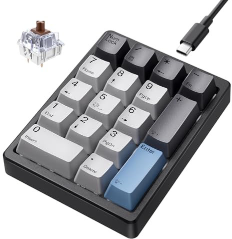Kisnt Teclado numérico mecánico, teclado numérico intercambiable en caliente con cable USB de 17 teclas, teclado numérico retroiluminado blanco con teclas PBT para laptop, PC, teclados compactos