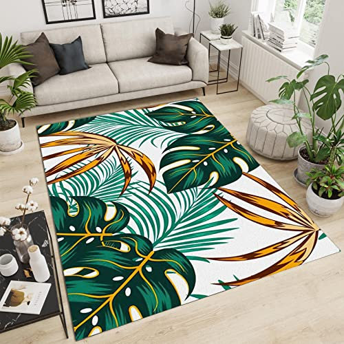 Tapis de Enfant Plantes Tropicales Vertes, Tapis avec Dos en Caoutchouc Antidérapant, Feuilles De Palmier Feuilles De Monstera Antidérapant Tapis Intérieur - pour Commercial de Bureau 100 x 150 cm
