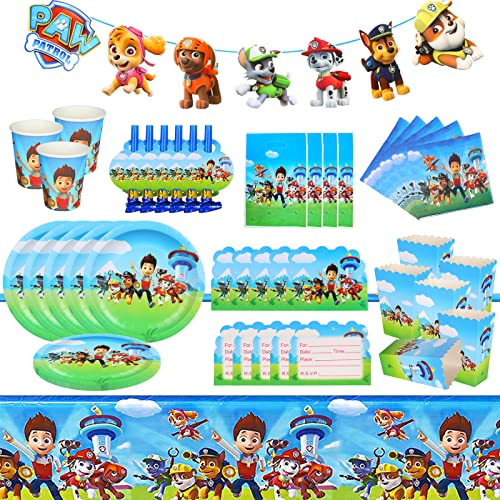 74 PCS Pat Patrouille Décoration de Fête d'anniversaire, Paw Vaisselle de fête Comprend Gobelets en Papier, Nappes, Assiettes en Papier, Mouchoirs, Sacs-Cadeaux, Carte d'invitation - 10 Invités