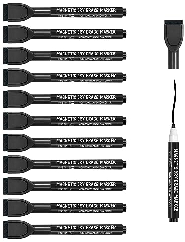 maxtek Dry Wipe Whiteboard Markers with Magentic, Fine Tip, Assorted Colours, White Board Pens with Eraser (Fine tip Black, 12)