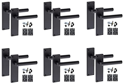 Golden Grace T-Bar Lever Backplate Black Door Handle Complete Packs with Latch Lock and 1 Pair of 3 Ball Bearing Hinges, 6 Sets