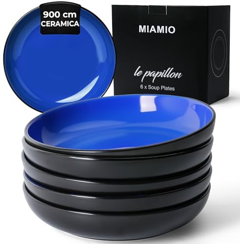 MIAMIO – 900 ml / 22 cm Set of 6 Pasta Bowls/Salad Bowls, Pasta Plates Wide and Shallow Bowl, Large Ceramic Stoneware Deep Plate Serving Soup - Le Papillon (Blue)