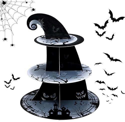 Zopeal 3 Tier Halloween Cupcake Stand The Nightmare Cardboard Cake Stand Tower Pumpkin Bat Scary Party Cupcake Serving Tray Dessert Tower for Halloween Carnival Party Decoration Supplies