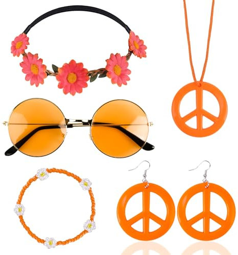 Hippie Kostüm Set Hippie Accessoires 60er 70er Jahre Accessoires Vintage Accessoires Flower Power Accessoires Inklusive Hippie Vintage Brille Hippie Haarband Armbänder Peace Kette Ohrringe