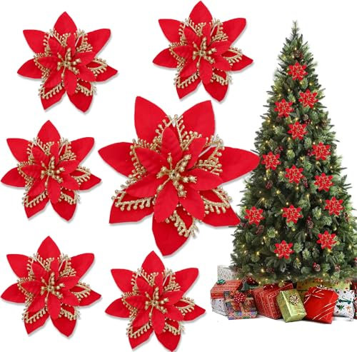 PUPCONE 12 Stück Weihnachten Weihnachtsstern Blumen, Glitzer Blumen Deko Weihnachtsbaum Blumen Glitzer Deko Künstliche Blumen für Weihnachten (Rot)