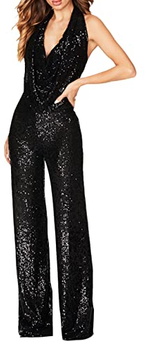 Jumpsuit Damen Elegant - Ärmellos Pailletten Hosenanzug V-Ausschnitt Playsuit Jumpsuits Für Damen Neckholder Overall Glitzer Party Outfits Hohe Taille Lang Romper Für Hochzeit Festlich Overalls