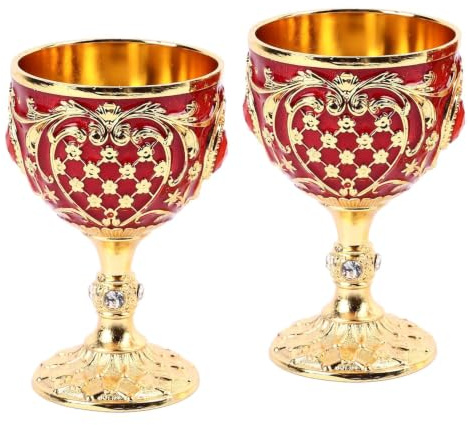 Yosoo Vintage-Weingläser aus Metalllegierung, Eleganter Dekorativer Retro-Kelch für Zuhause, Bar, Party, 2er-Set (Gold und Rot), Yosoo6vrain4yg0-11