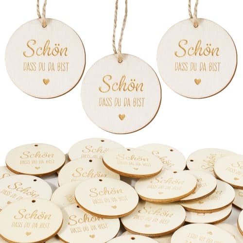 BOFUNX 30 Stücke Holz Geschenkanhänger Schön Dass Du Da Bist Holzanhänger Rund Holzscheiben Holzdeko Streudeko für Hochzeit Taufe Geburtstag Party