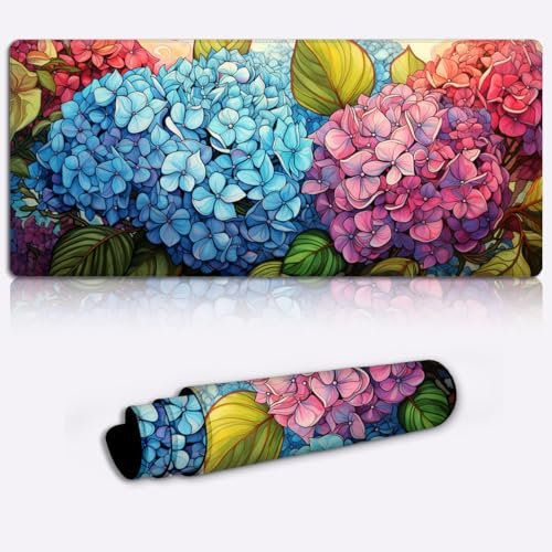 Tapis Clavier, Tapis Bureau, hortensias, Longue Extension (23,6 x 13,8 x 0,12 Pouces), Grand Tapis Souris, Surface Douce et Lisse et Base Caoutchouc antidérapant, Tissu Doux