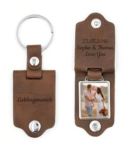 Porte-clés personnalisé avec photo, porte-clés avec image en cuir, porte-clés pour partenaire, idées cadeaux pour toutes les occasions, porte-clés voiture avec gravure, marron, 7,5 cm x 3,4 cm