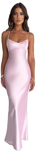 NARUPE Damen Slip-Maxikleid, ärmellos, offener Rücken, rückenfrei, Schnürung, Bandage, überkreuzt, Meerjungfrau, Satin, Partykleid, rose, Small