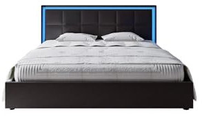 Led Bed Frame Modern Faux Leather Bed Double Size with RGB LED Lights 4FT6 Double Bed Frames with Wooden Slats Support for Bedroom Home Black