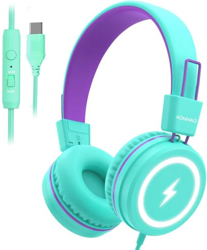 Casque pour enfants pour l'école, casque USB Type C avec lumières LED, casque filaire pour garçons et filles avec limiteur de sécurité 85dB/94dB, casque pliable sur l'oreille avec microphones pour