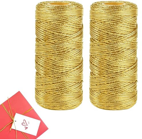 MeYuxg - 2 rotoli di nastro regalo dorato, 100 m, filo dorato, 1 mm di larghezza, per decorazioni di carta da regalo, bricolage, decorazioni di nozze (oro)