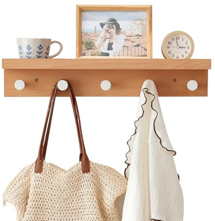 TREOAKWIS Wandgarderobe mit Ablage, Wandregal mit 5 Haken, Garderobenleiste Holz und Kleiderhaken, Schlüsselbrett für die Aufbewahrung, Badezimmer, Wohnzimmer, Schlafzimmer (61cm - 5Haken)