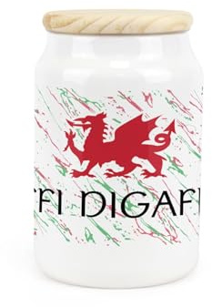 Purely Home Welsh Dragon Ceramic Decaf Coffee Storage Canister - Coffi Digaffein Wales Souvenir Themed Kitchen Food Storage Container & Wooden Lid 600ml (14.5cm x 9.5cm)