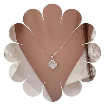 Crymystal Bohemian Stil Vierblatt Klee Anhänger Halskette für Mädchen und Frauen - Weißer Kristall Klee Schmuck