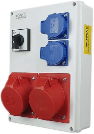 RoadEu - Distributore di corrente con interruttore principale 0-1 - 2x CEE 16A con 2x Schuko 230V - Quadro Elettrico IP44. Ideale per il garage, il capannone o la fabbrica