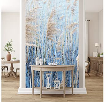 Glücksvilla - Fototapete, selbstklebend (120 x 250 cm (BxH) - div. Maße - Vlies-Tapete XXL Wand-Deko - Schilfgras - Landschaft Natur Meer Strand See Pampasgras moderne Fotografie x