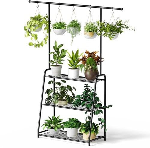 3-Tier Metal Plant Stand for Indoor and Outdoor Use, Hanging Plant Shelf for Multiple Flower Planter Holder, Tall Large Rack Ideal for Living Room, Garden, Balcony, Black