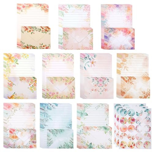 Set di Carta da Lettere e Buste, 50 Fogli Carte da Scrittura A5 e 50 Buste con 60 Adesivi, Carta da Lettera con Busta, Lettere di Cancelleria a Righe, pour Inviti, Lettere, Regali (10 Stili)