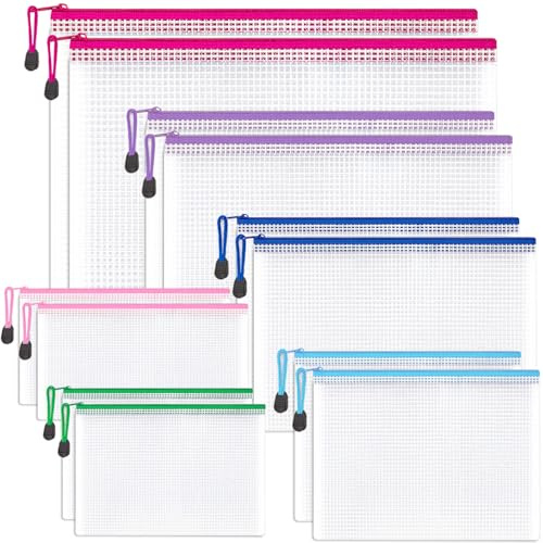 Plastic Zip Wallets - 12PCS Multi-Size Zip Lock Bags Plastic Document Folders Mesh Zipper File Bags Waterproof Travel Storage Pouch for School Office Supplies, Homework, Invoices, Puzzles & Cosmetics