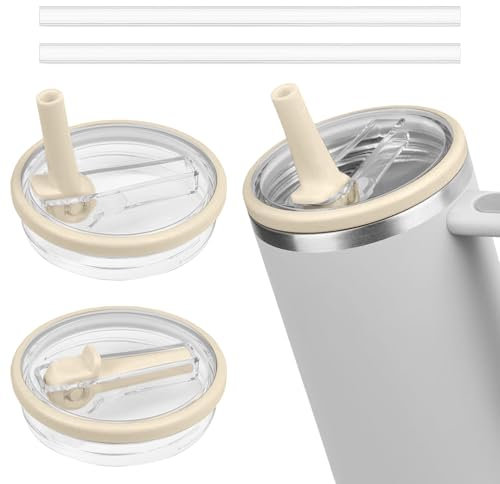 2 tapas de repuesto para vasos de 40 oz, tapa de repuesto Stanley, taza reutilizable a prueba de fugas y cubiertas, tapa Stanley para vasos de 40 oz con 2 pajitas (beige)