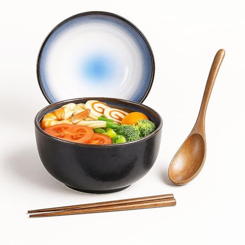 Keramische Japanische Ramen-schüssel Sets, 1100 ml große Suppenschüssel, Pho-Schüssel mit Löffel und Essstäbchen, geeignet als Müsli-Dessert-Suppen- und Reisschüssel-Set (Katzenauge Blau)
