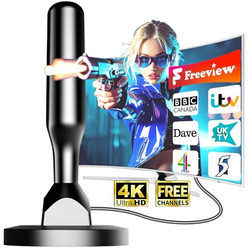 Antena TV Interior de Alta Recepción 2025 - Antena Receptora 360° con Base Magnética - Compatible con VHF/UHF/DVB-T/DVB-T2 - Señal Clara y Estable para Smart TV y Televisores