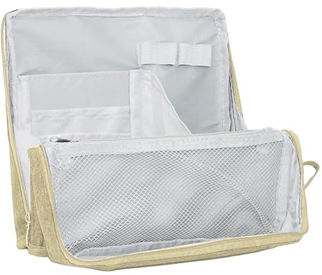 Geerlaqaly Makeup Bag, Women's Large Capacity Foldable Magnetic Travel Makeup Storage Bag, Waterproof Portable Open Makeup Bag with Divider, beige, 9 x 8 x 1 inches, Classic