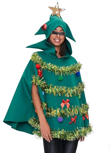 Anuedgis Damen Weihnachtsbaum-Poncho mit Lametta-Schleife, Haarbällen, Dekor, Kapuzenumhang, Umhang für Weihnachten, Cosplay, Verkleidungen, Party-Outfits