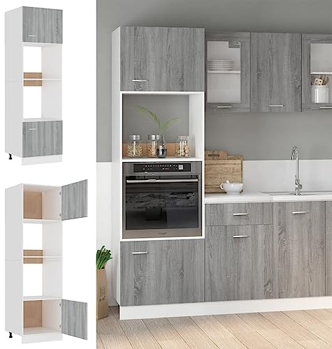 SKTQYQO Armadio Microonde Lyon Grigio Sonoma 60x57x207 cm con 4 Ripiani, Mobile da Cucina in Legno Multistrato con Ante Regolabili per Ottimizzazione Spazio e Ampio Stoccaggio,