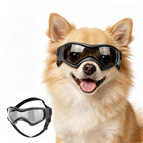 Enjoying Hundebrille Klein UV-Schutz, Sonnenbrille für Hunde Extra-Klein bis Kleine Rassen, Anti-Nebel Winddicht Staubschutz, Welpen Fahrbrille Augenschutz, Verstellbare Bänder, Stil Schwarz