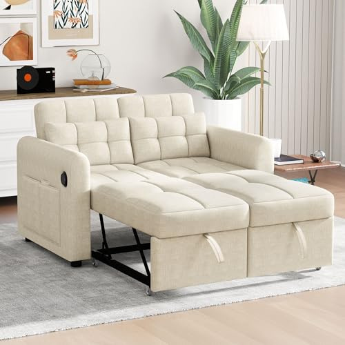Bladez Multifunktionales Schlafsofa 2-Sitzer，Klappbares Ausziehsofa mit Schlaffunktion, kleines Wohnzimmersofa mit USB-Ladefunktion, Becherhalter, Aufbewahrungstasche & Kissen (Cotton Linen, Beige3)
