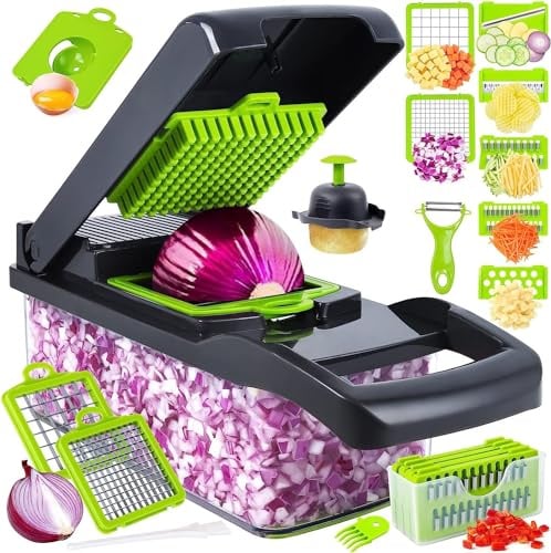 Coupe Legumes Multifonctions,16 En 1 Mandoline Cuisine, Decoupe Legumes avec 7 Lames Réglable,Coupe Legume pour Oignons Ail Tomates Pomme de Terre Carotte Concombre