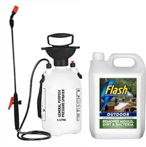 FLASH Outdoor Disinfectant and Cleaner, 5L with 5L Garden Sprayer, Removes Mould, Dirt, Bacteria, for Drains, Bins, Kennels, Greenhouses, Paths and Patios
