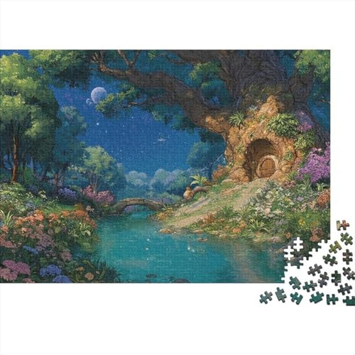 Fantasy-Baumhaus 1000-Teile-Puzzle aus Premiumpapier, detailliert, knifflig & herausfordernd, Wald und Bach, Geschenk für Frauen und Männer, 52x38cm/1000 Teile
