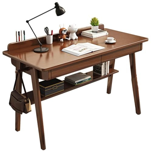 Mid Century Moderner Schreibtisch aus Massivholz – Home-Office-Arbeitsplatz mit 2 Schubladen, Regalen und Haken für kleine Räume (Nussbaum, 100 cm)