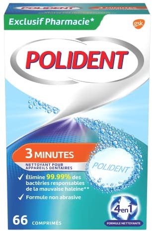 Polident Nettoyant 3 Minutes, Pour Prothèses Dentaires Partielles ou Complètes, Action Rapide, 66 Comprimés