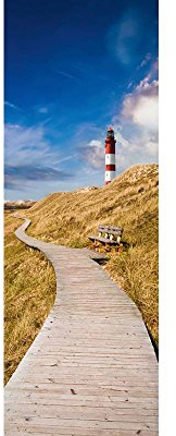 awallo Dekopanel Motiv «Leuchtturm in den Dünen» | Farben Rot Weiß Beige Blau in 100 x 280 cm | Fototapete auf Vliesträger | Made in Germany | einfache und schnelle Verarbeitung