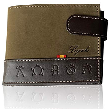 LEGADO Cartera Serraje de Ubrique Hecha en Piel de Toro Billetera Tarjetero y Monedero para Hombre de Cuero Regalo Pulsera Bandera de España (Verde Horizontal con Broche)
