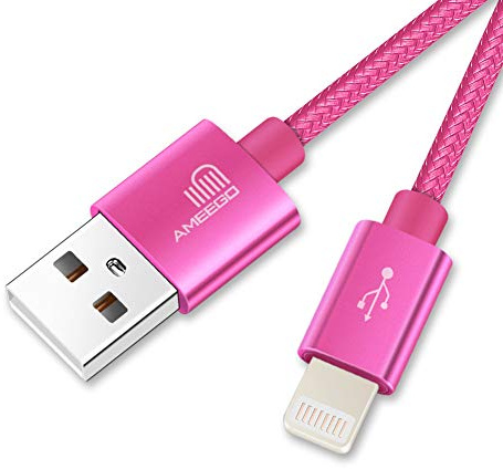ameego 3.3ft Strong Nylon Braided Lightning to USB iPhone Cable with Compact Connector for iPad air 2/iPad Mini/iPhone X/8/8 Plus/7/7 Plus/6/6 Plus/6S/6S Plus/5/5S/SE and More (Hot Pink)