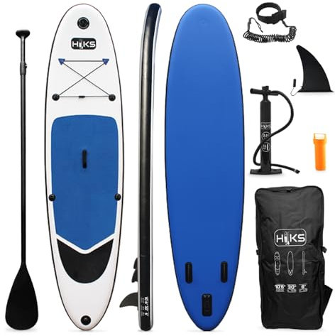 HIKS SUP - Tabla de remo inflable de pie, tabla de remo de 6 pulgadas de grosor con cubierta de EVA antideslizante, paleta ajustable, bomba de aire, aleta de espiga extraíble, mochila resistente al