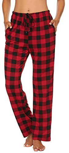 Ekouaer Pyjamahose Damen Lang Baumwolle Schlafanzughose Freizeithose mit Taschen und Kordelzug Rot XXL