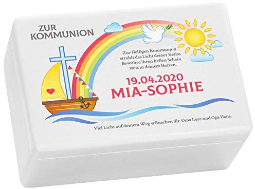 LAUBLUST Holzkiste zur Kommunion - Regenbogen Farbmotiv | Personalisiertes Kommunion-Geschenk, FSC® (Weiß, ca. 30 x 20 x 14 cm | M)