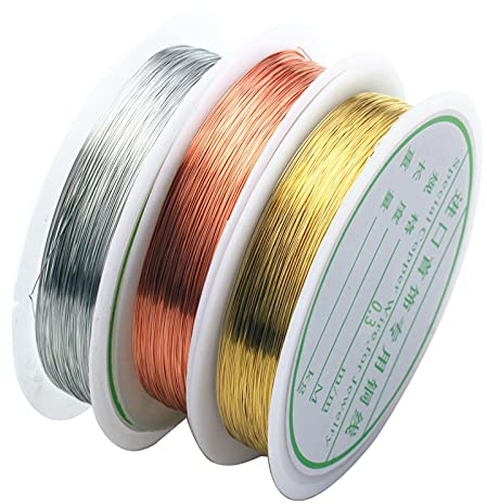3 PCS Jewelry Making Wire, 0.3mm Jewelry Wire Tarnish Resistant Bare Copper Silver Bendy Craft Wire Gold Beading Thread Cord Wires for Jewellery Making Ring Supplies Diy (15m Per Roll)