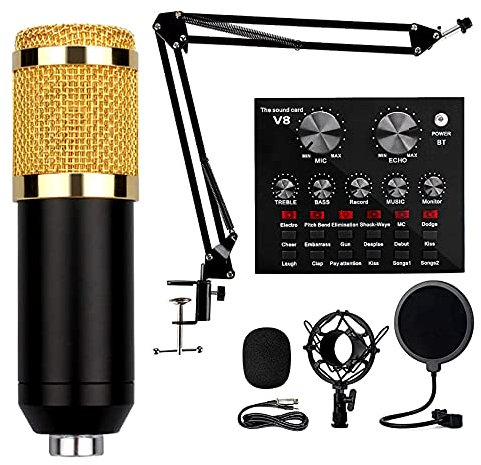 Condenser Microphone Bundle Multifunction BM-800 Live Sound Card V8 Mic Kit Metal Shock Mount and Adjustable Mic Stand Used for Music Recording, Live Broadcast Studio Recording