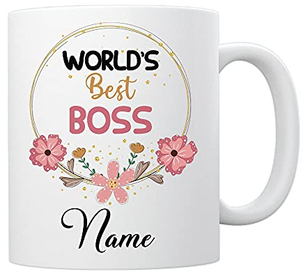EnvyFone World's Best Boss - Personalised Mug - Birthday Gift - Add Name/Relation - Flowers/Pink Floral Design - Ladies - Girls - Novelty Tea Coffee Cup